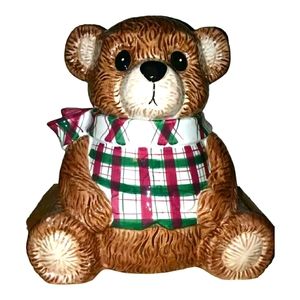 HOLIDAY WORKSHOP 9.5" HIGH TEDDY BEAR COOKIE JAR BROWN WITH PLAID SHIRT